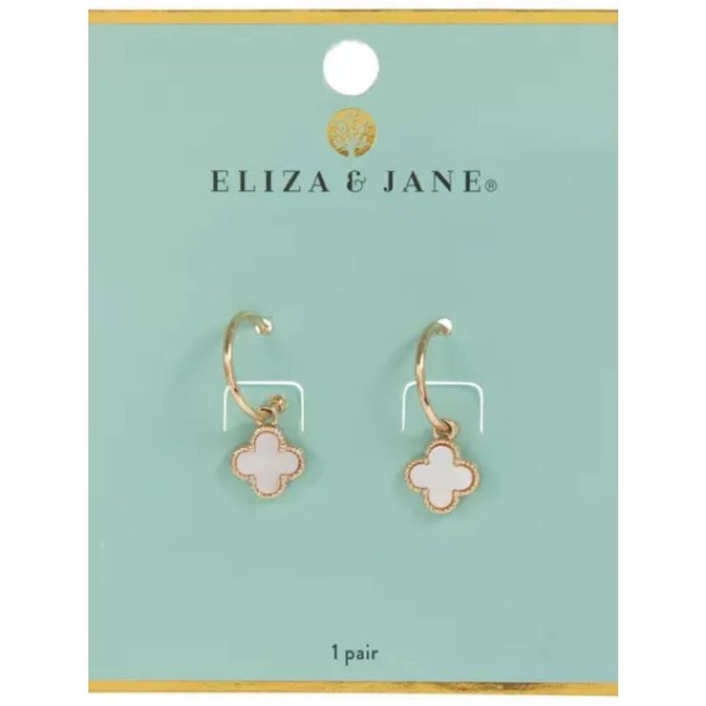 New Eliza & Jane Gold Hoop Earrings with White Clover Drops